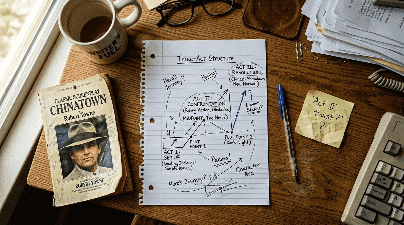 Hand-drawn three-act script structure diagram