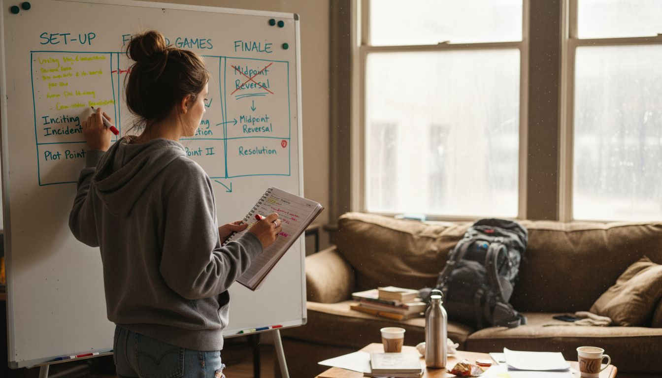 Writer adjusting story beat diagram on whiteboard