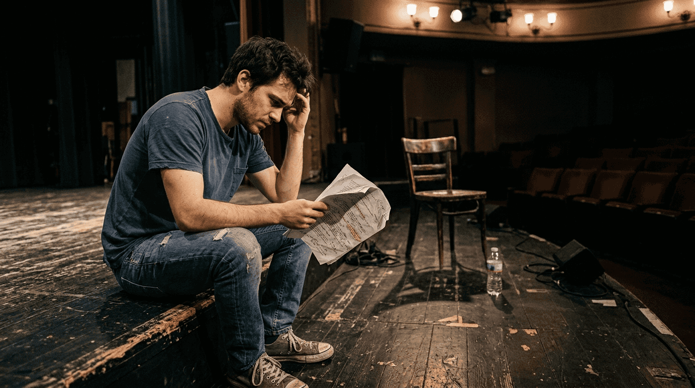 Actor rehearsing emotional flaw scene onstage