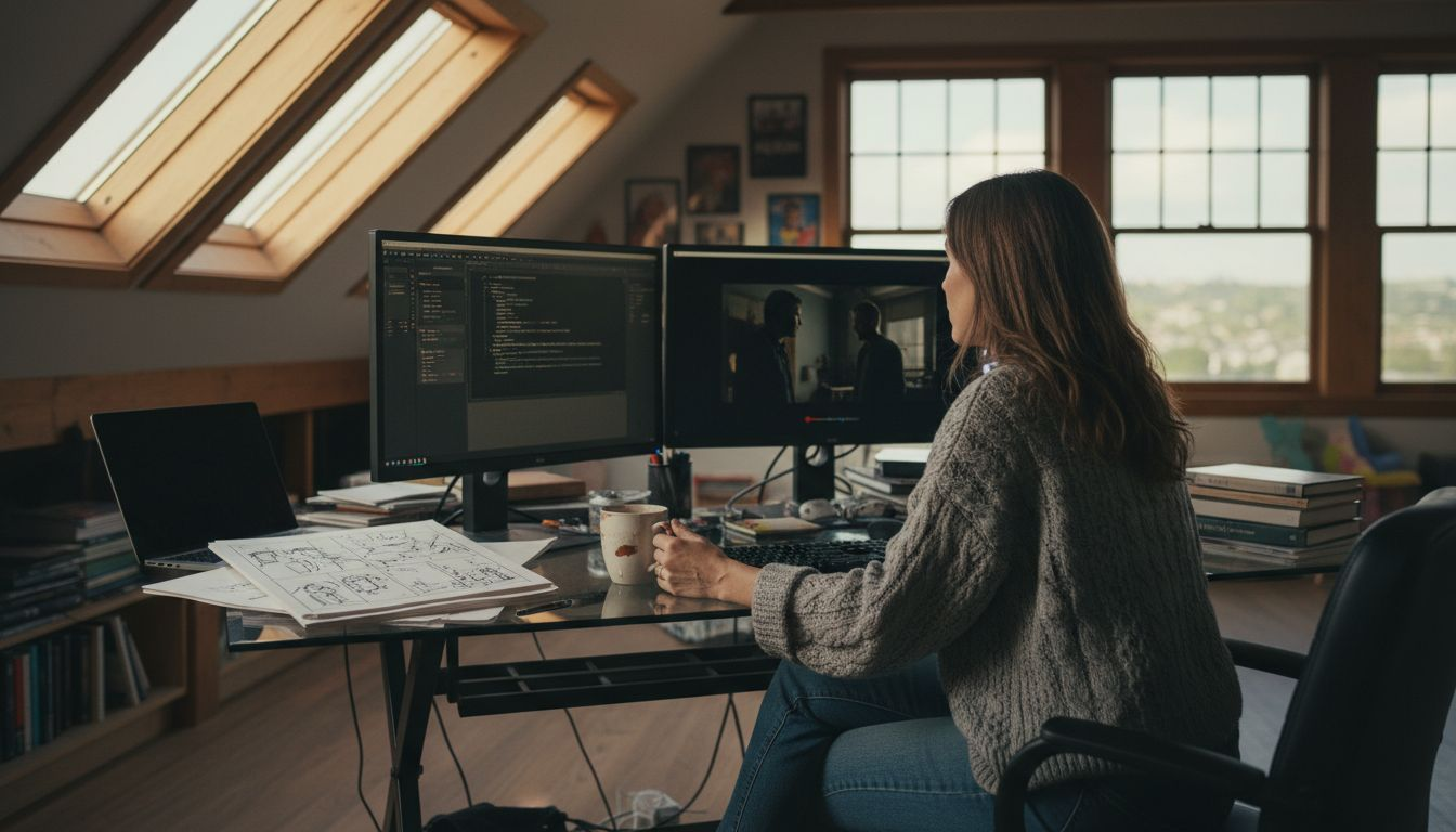 Writer working on screenplay with dual monitors
