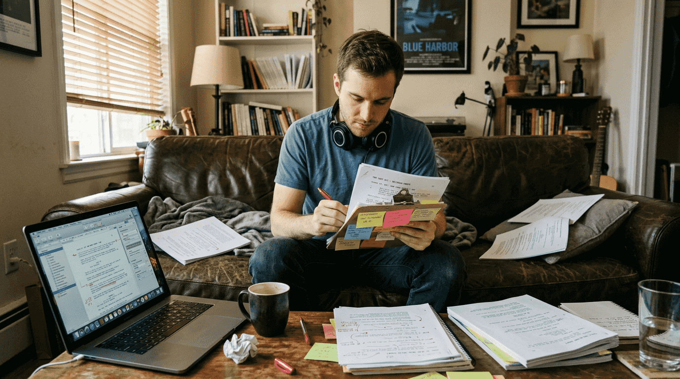 Screenwriter revising script with pages and laptop