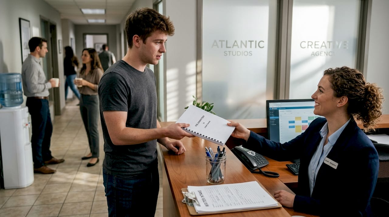 Screenwriter submitting script at agency desk