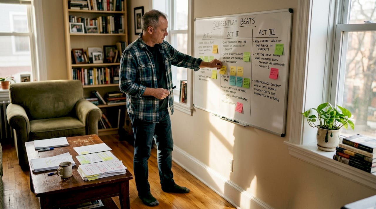 Man organizing screenplay beats with sticky notes