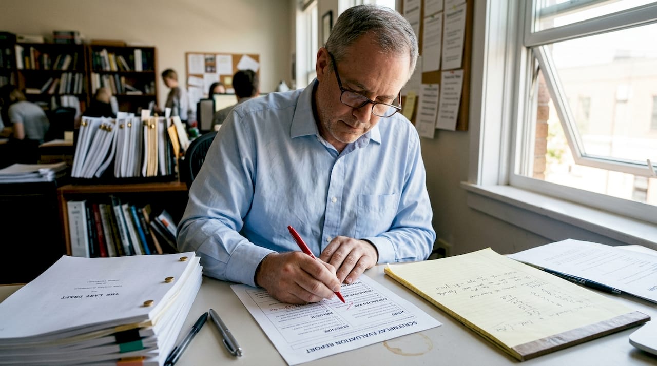 Script reader scoring screenplay at desk