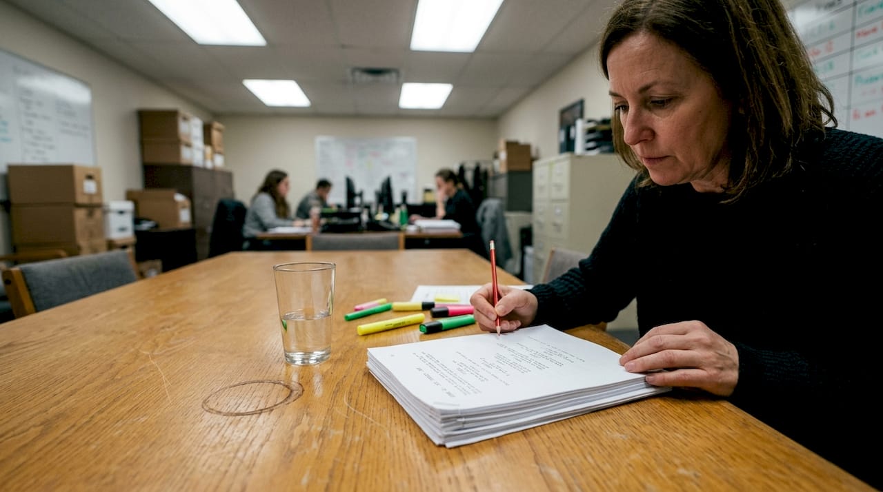Film producer reviewing screenplay in office