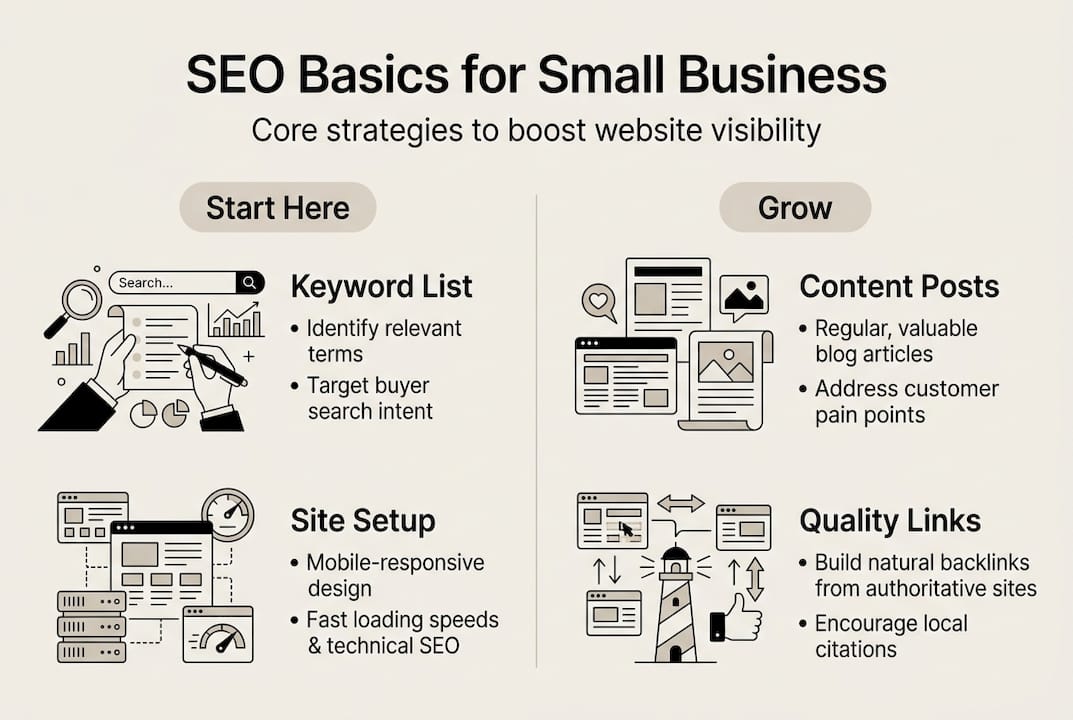 Infographic showing basic small business SEO strategies