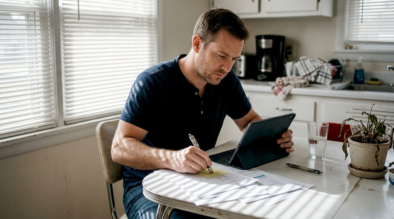 Man reviewing email inbox analytics at home table