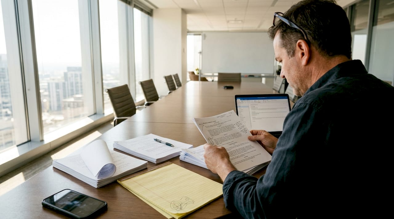 Producer reviewing printed script treatments at table