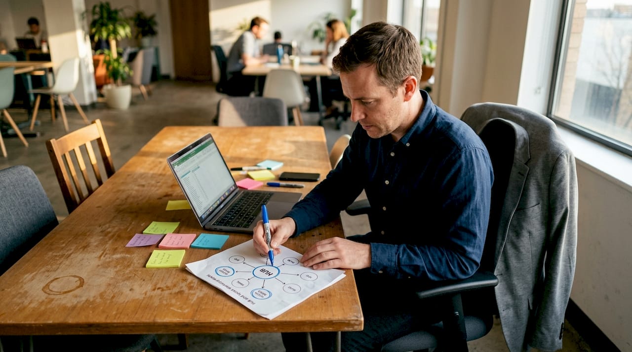 Manager marking hub and spoke diagram at coworking table