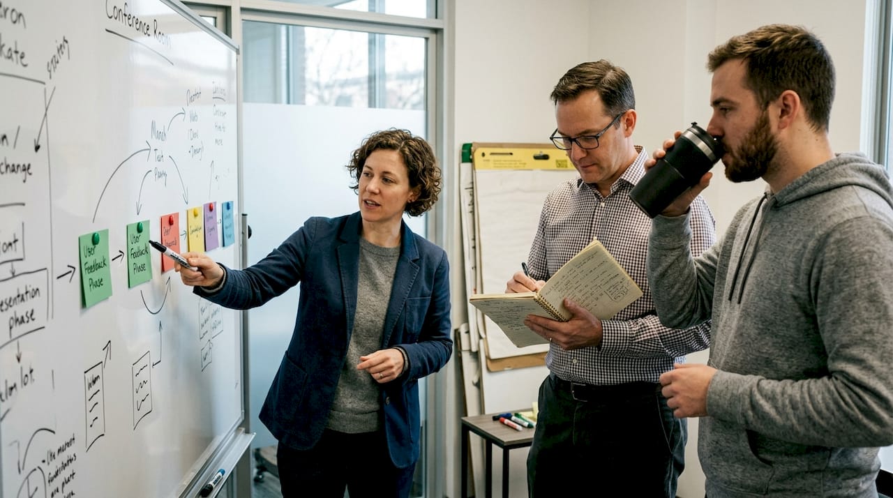 Team building story flow on whiteboard