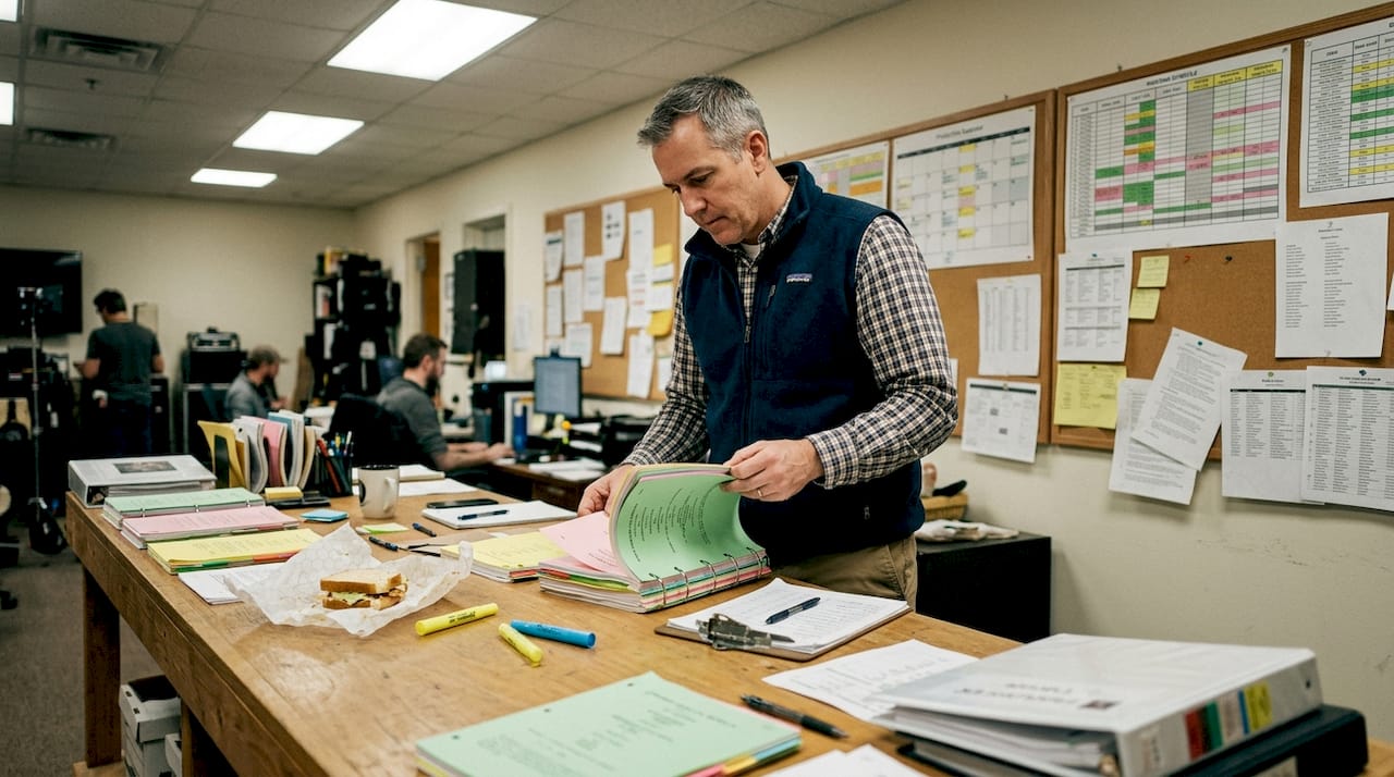 Coordinator sorting color-coded script pages