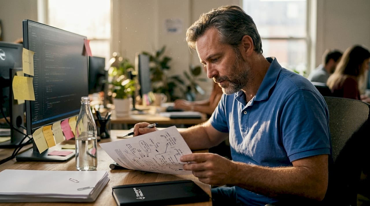 Man reviewing website content at desk