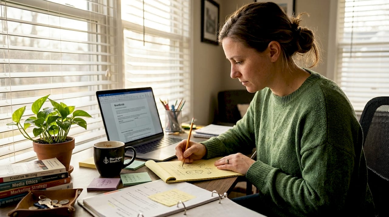 Woman brainstorming messaging in home office