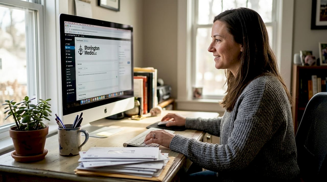 Business owner updating website at home desk