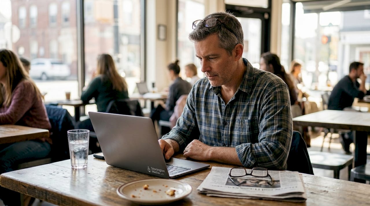 Customer reading reviews in a café setting