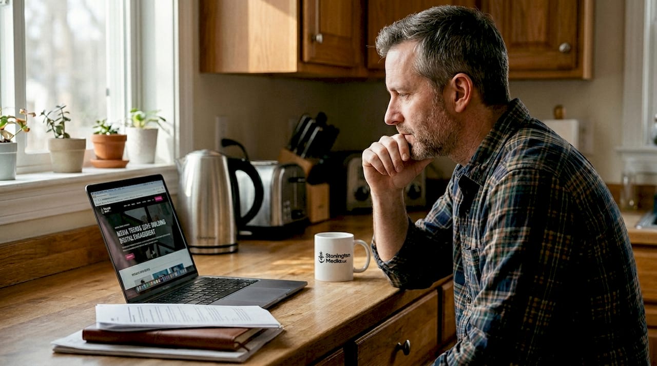 Man reading business website at kitchen counter