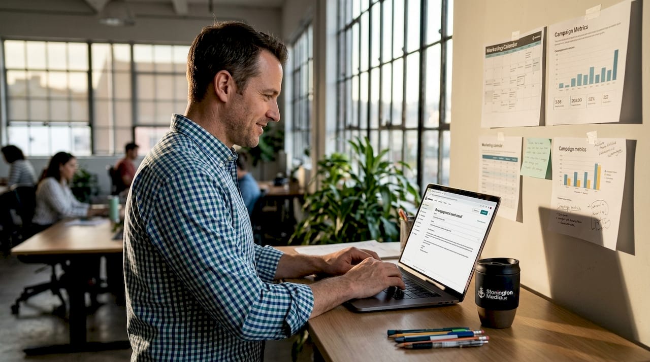 Man preparing re-engagement campaign with laptop