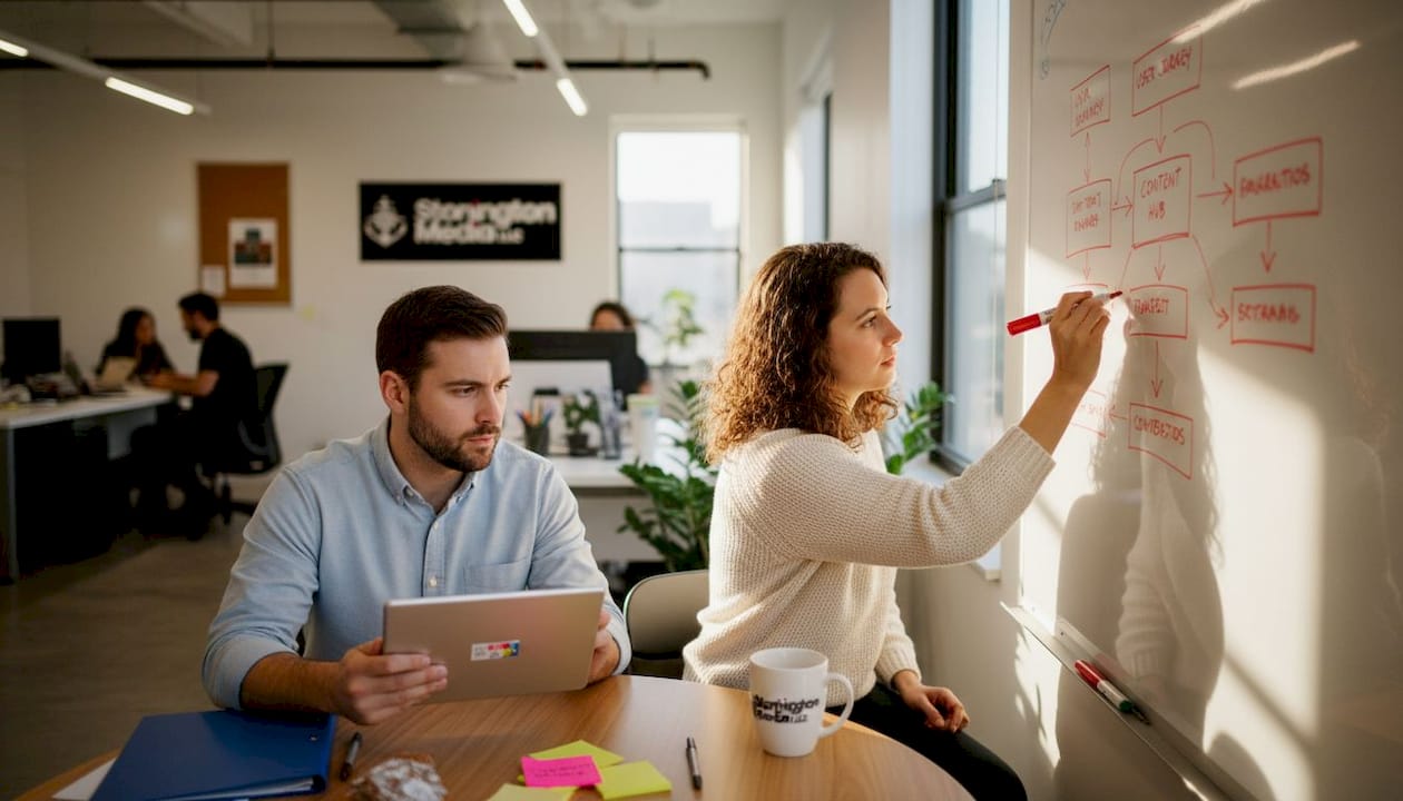Coworkers brainstorm plot structure on whiteboard
