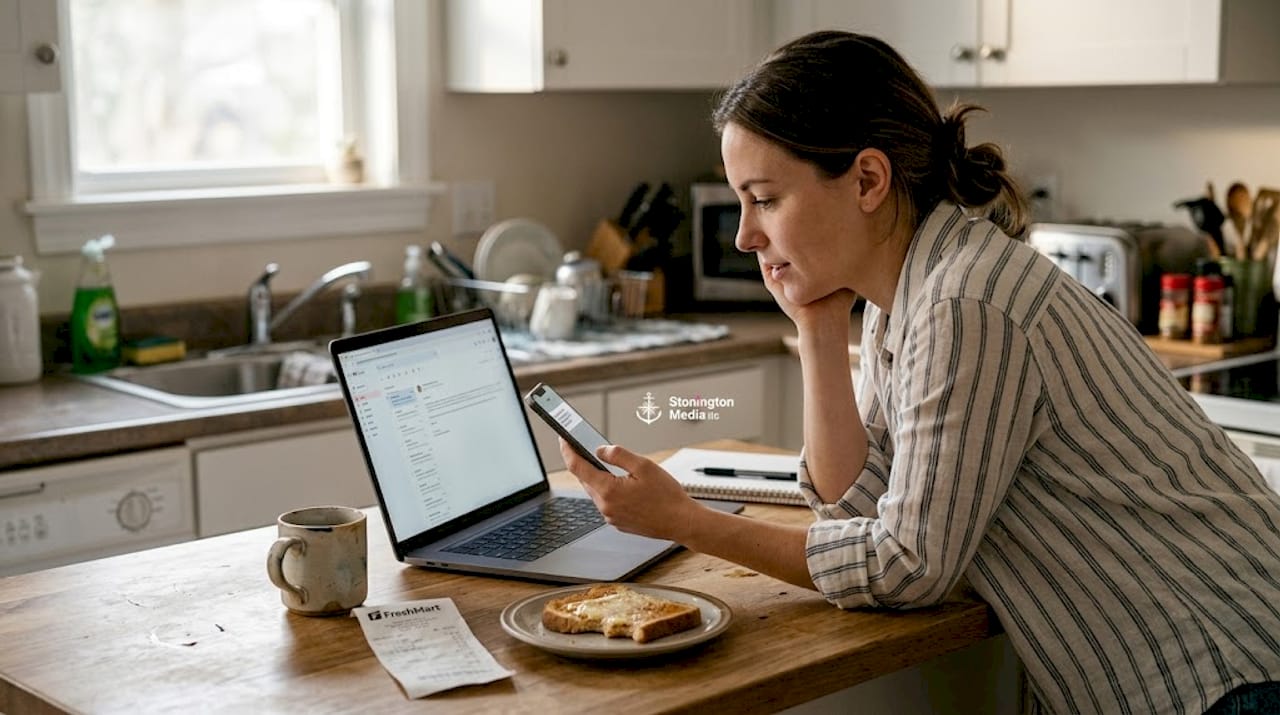 Entrepreneur checks sms and email at kitchen