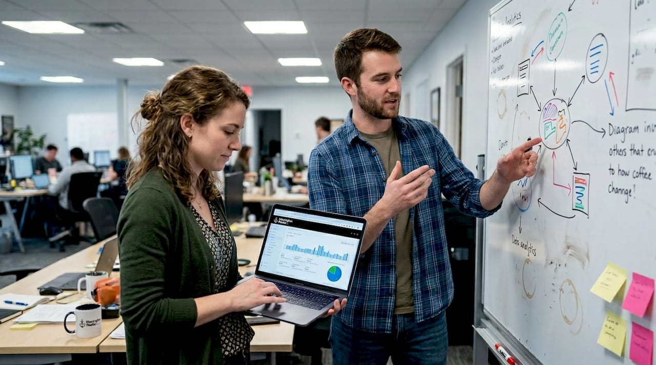Team discussing narrative techniques by whiteboard