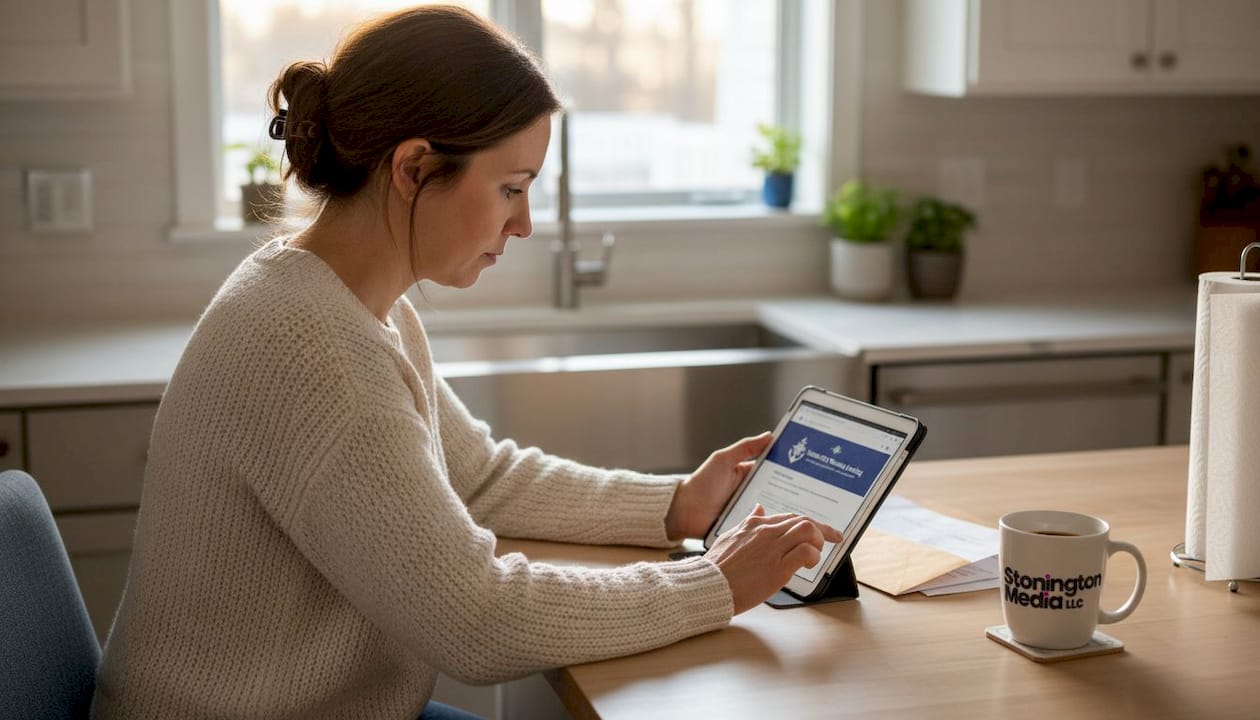 Customer browsing plumber site in kitchen