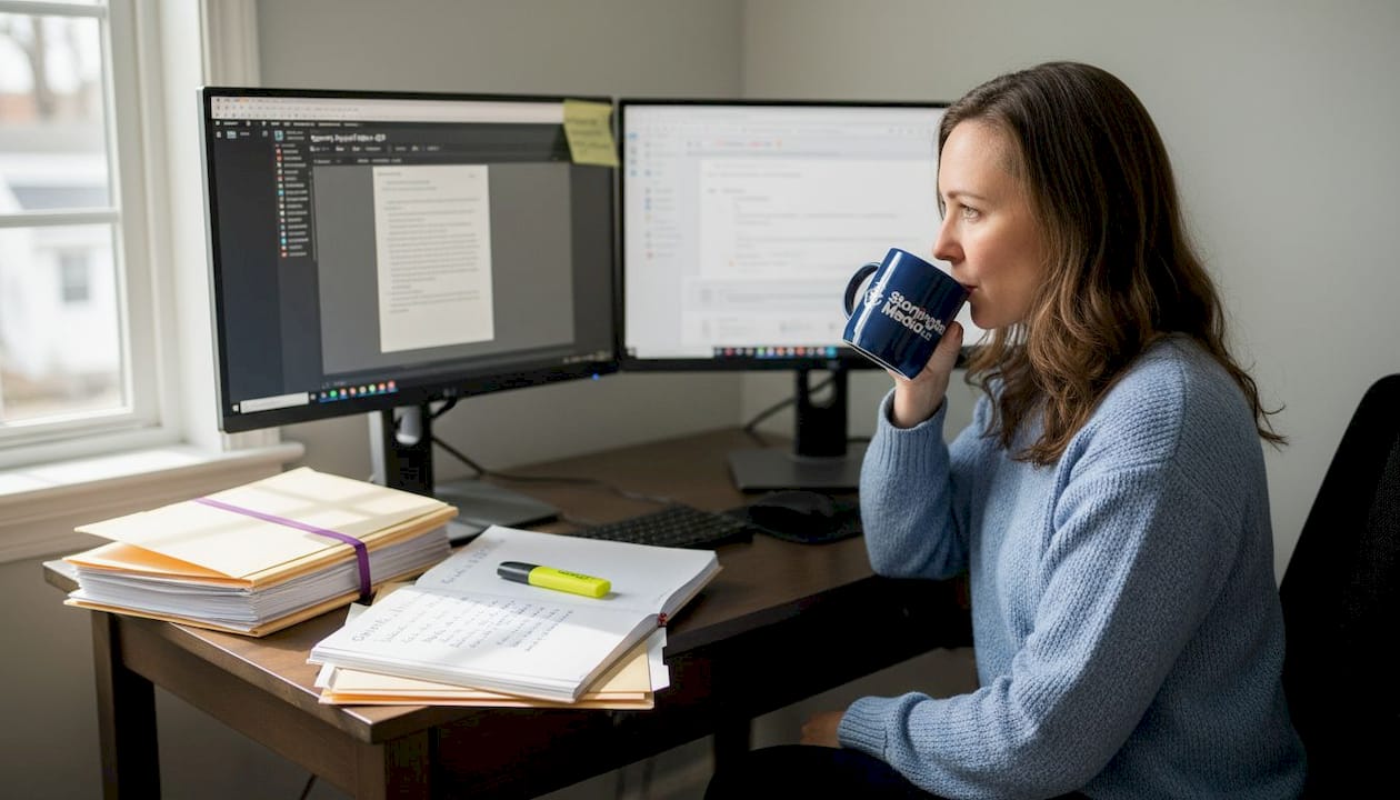 Woman edits email and article in office workspace