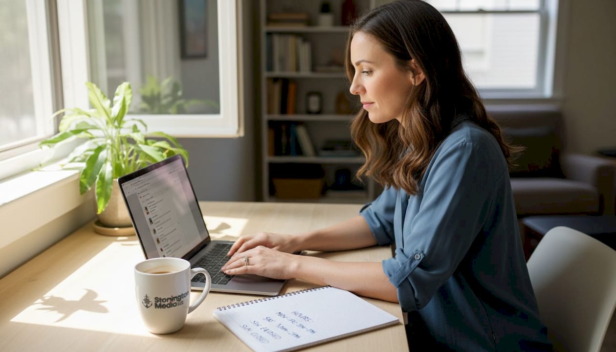 Business owner updating Google profile hours at desk
