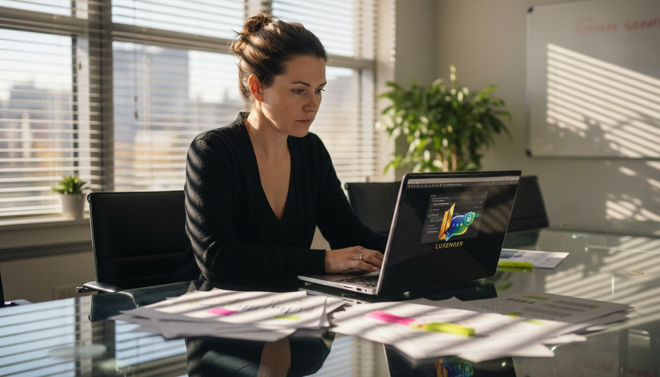 Woman reviews DLP compliance settings at conference table
