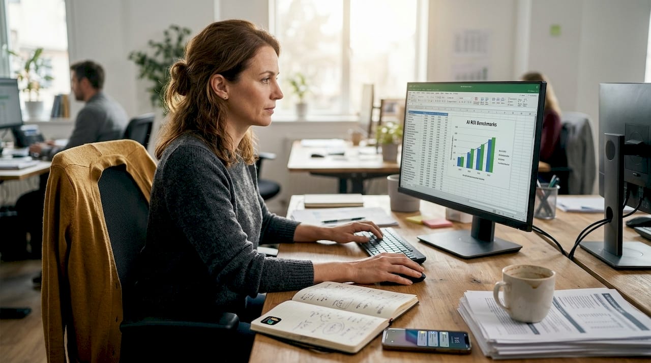 Professional reviewing AI communication benchmarks