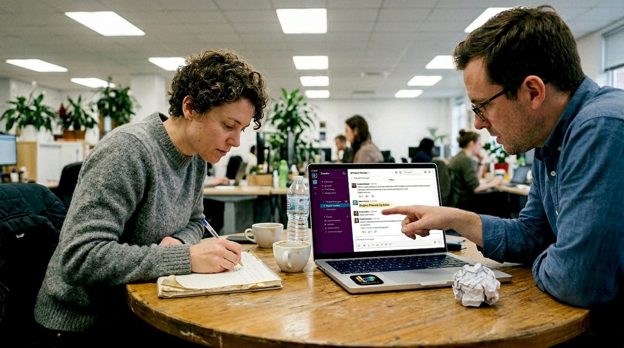 Coworkers reviewing team channel conversations