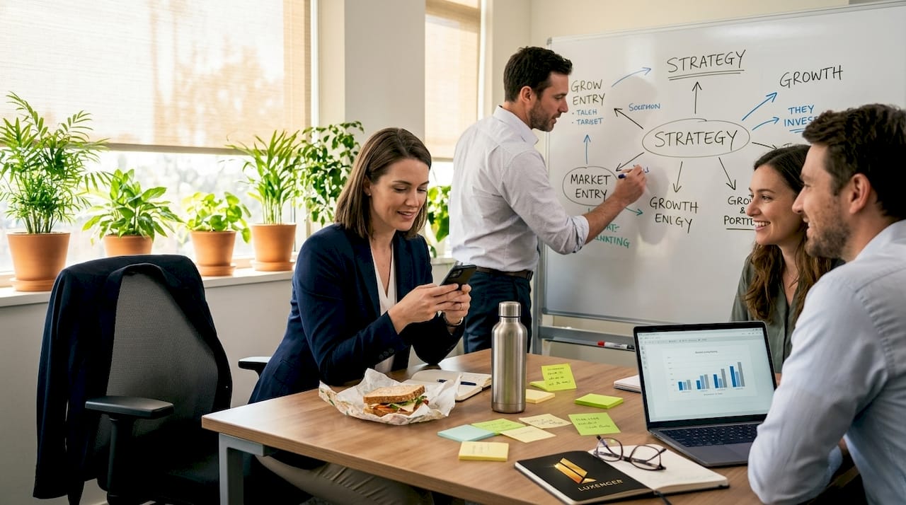 Colleagues sharing updates during active team session