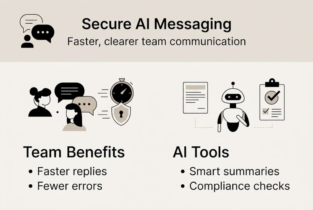 Infographic showing secure AI messaging benefits and tools