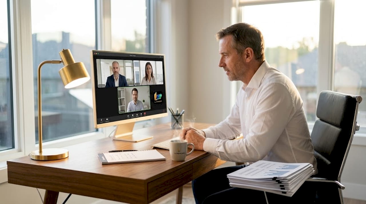 Manager engaged in real-time video meeting
