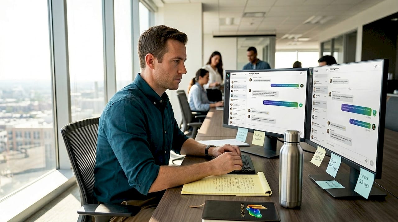 Worker referencing archived team chats at desk