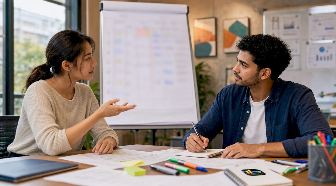 Hands pointing at language matrix papers on desk