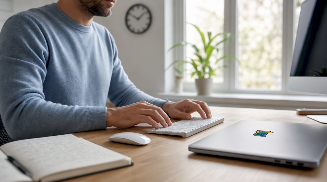 Hands typing next to onboarding tools list
