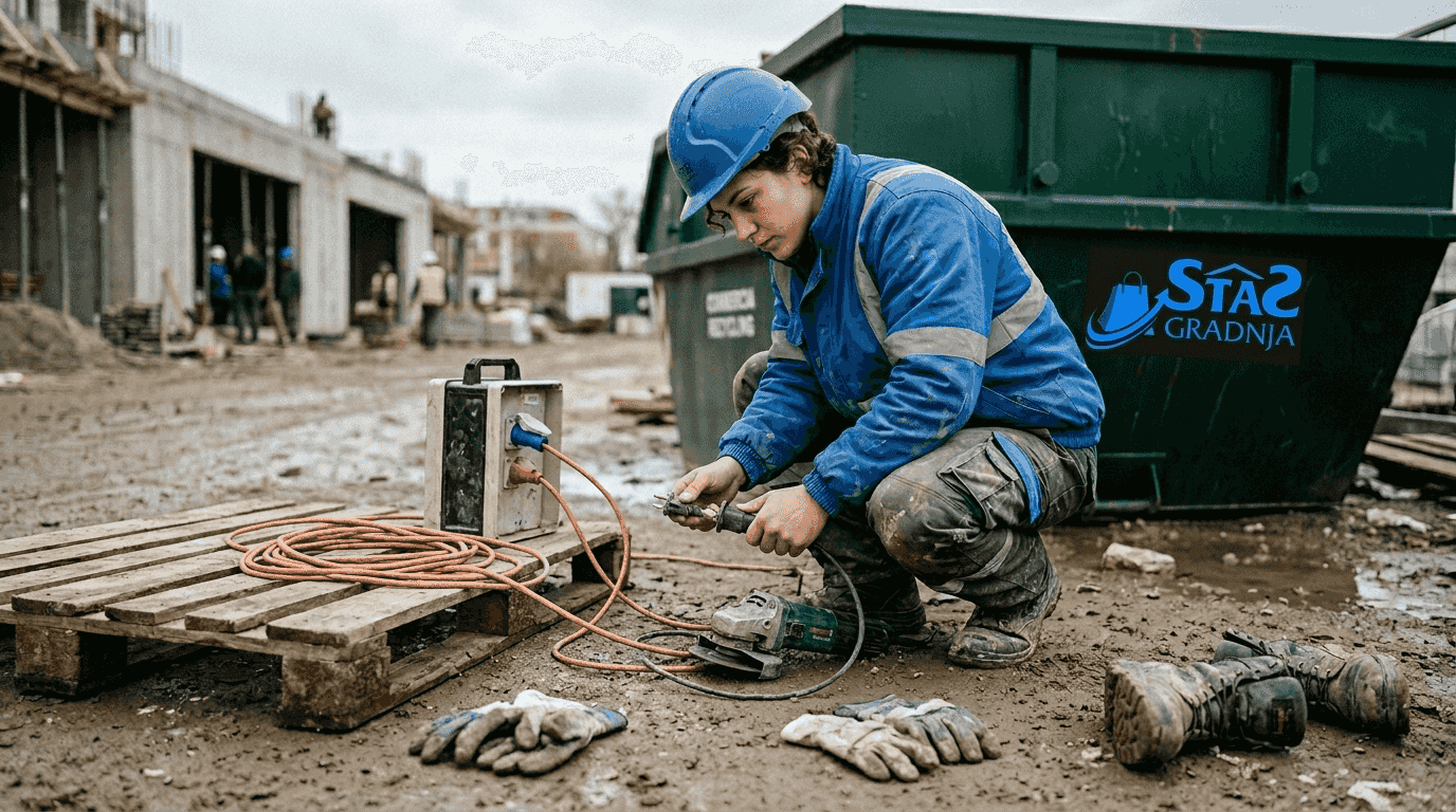 Jedan od radnika na gradilištu upravo priključuje električnu bušilicu i priprema se za posao.