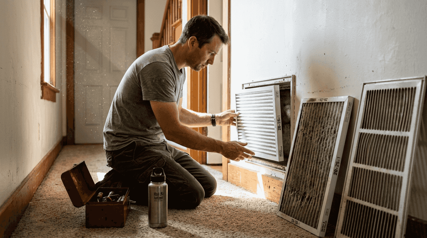 Homeowner changing dusty HVAC air filter