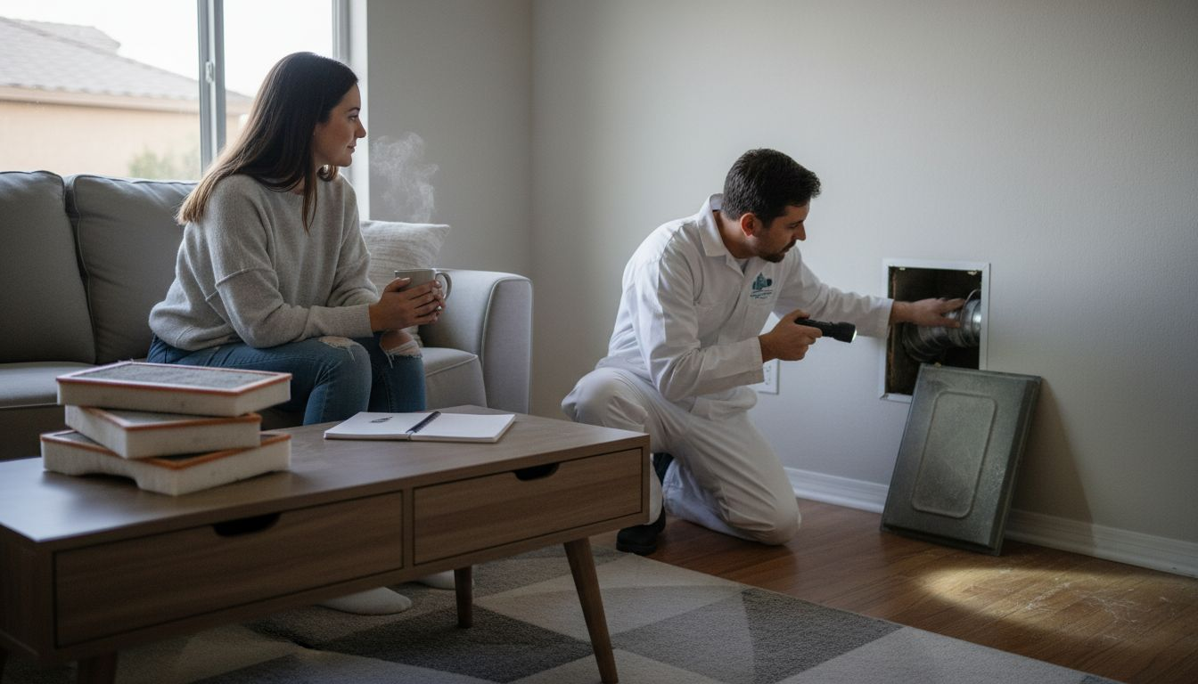Homeowner and technician inspecting vent for cleaning
