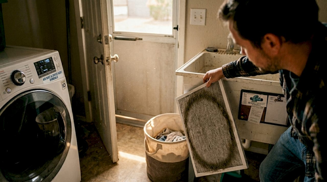 Homeowner inspecting dusty HVAC filter in laundry