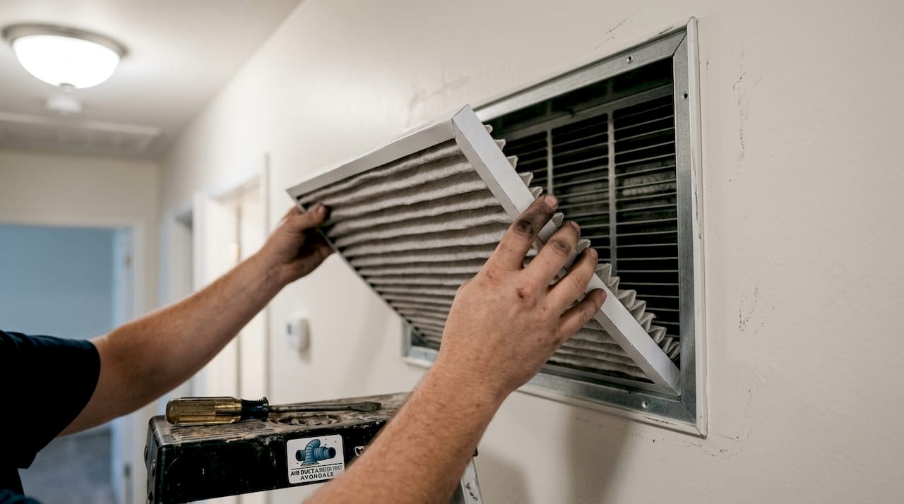 Technician installing clean pleated air filter