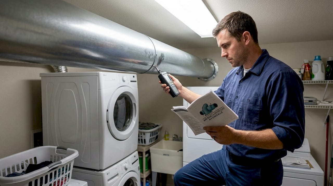 HVAC worker testing airflow in sheet metal duct