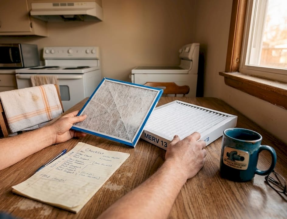 Hands comparing two HVAC filters