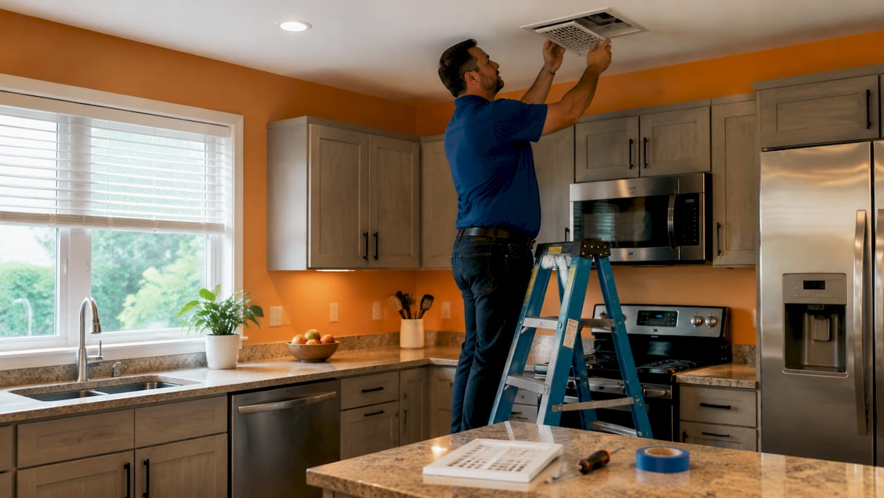 Hands replacing cracked vent cover indoors