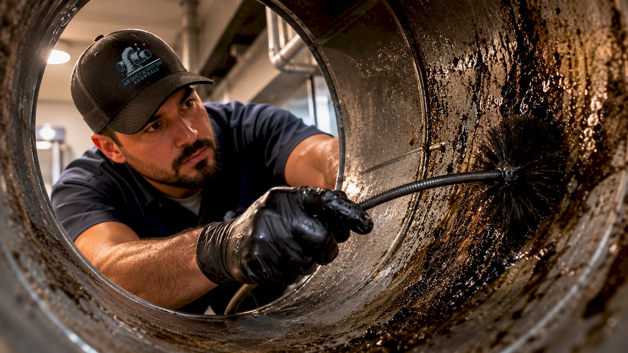 Technician cleaning grease buildup inside kitchen exhaust duct