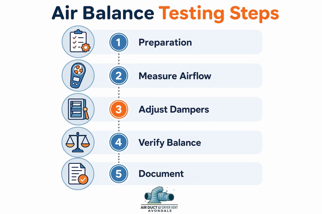 Infographic illustrating HVAC air balance testing step-by-step