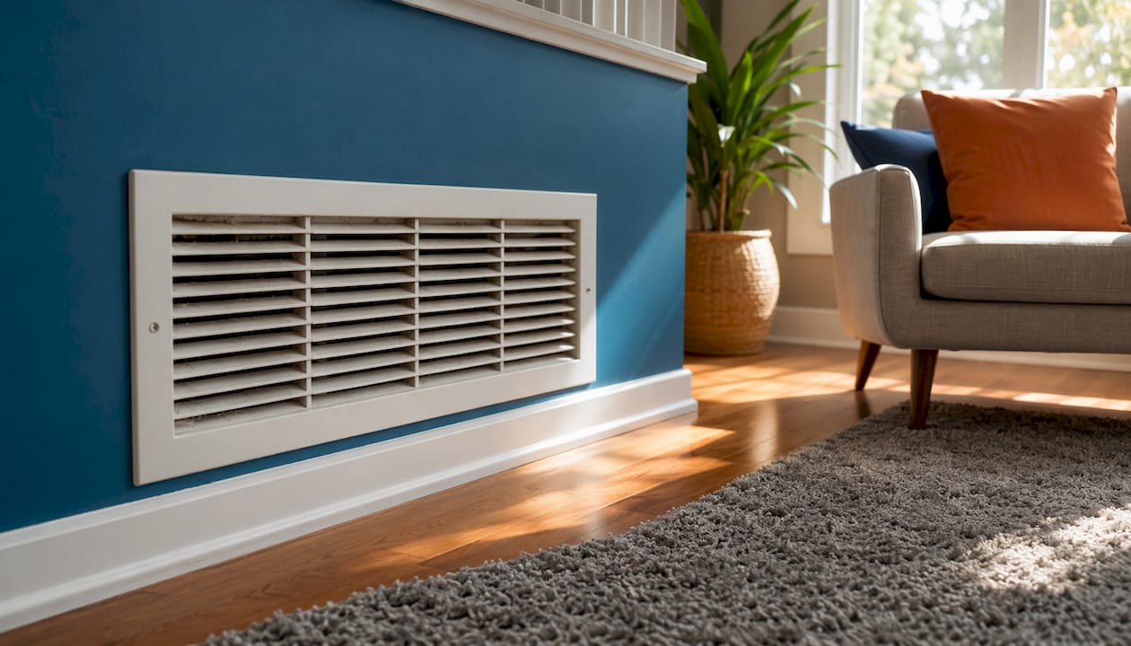 Close-up of dusty return air vent indoors
