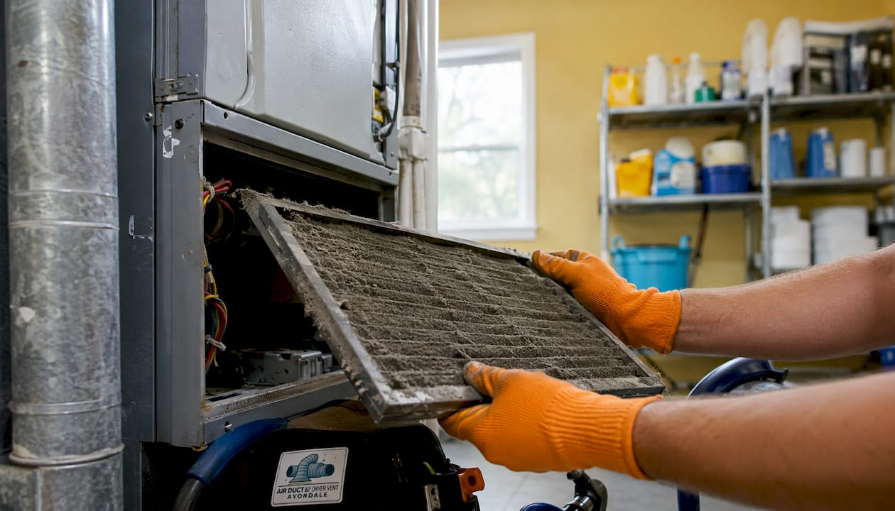 Hands removing dirty HVAC air filter