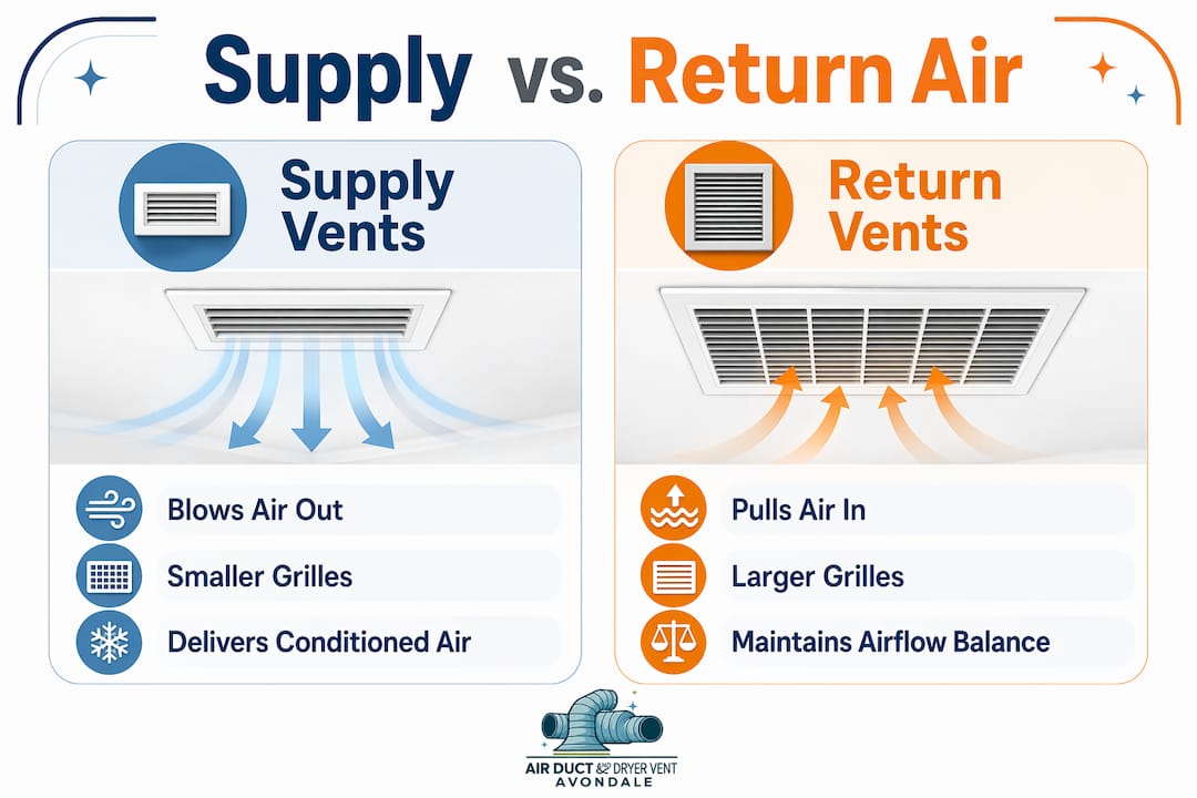 Infographic comparing supply and return HVAC air vents