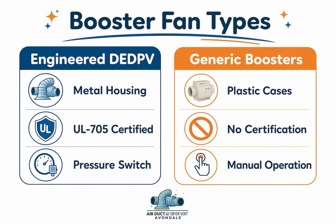 Infographic comparing dryer vent booster fan types and standards